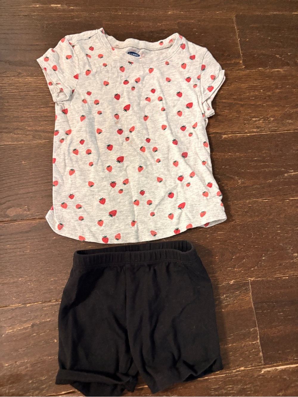 Gray Strawberry Print Tee with Black Shorts